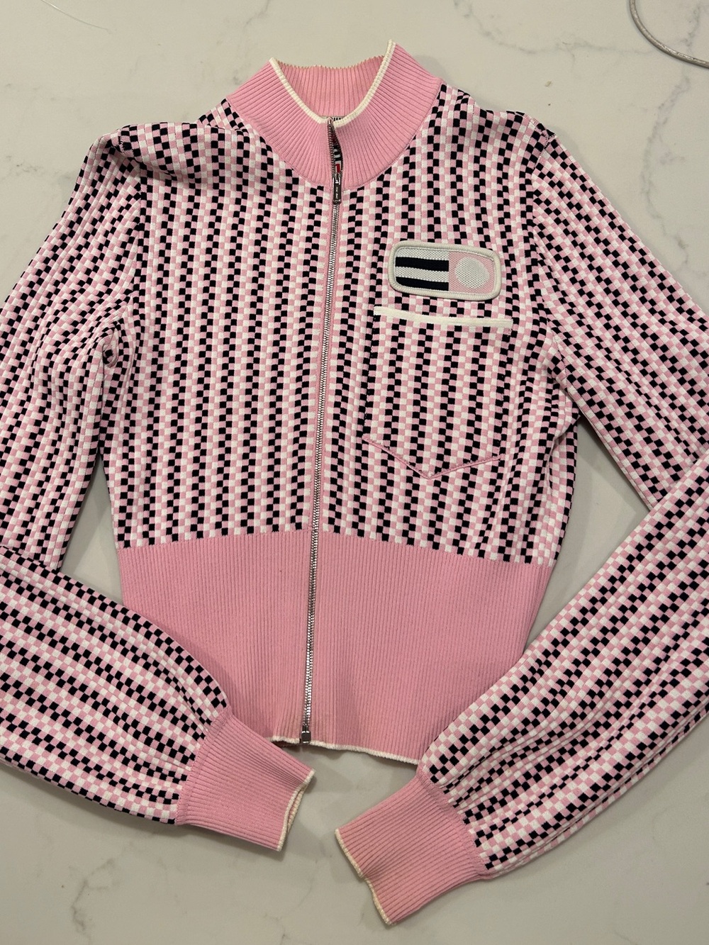 Miu Miu 2018 Archive Pink Checked Knit Cropped Zip Cardigan Jacket IT 38